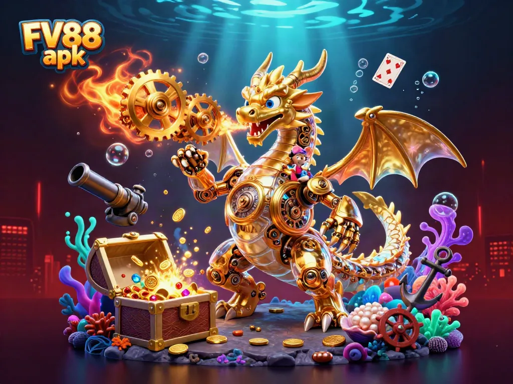 Engage with the exciting FV88 apk scene featuring a dragon amidst underwater treasures and casino elements.