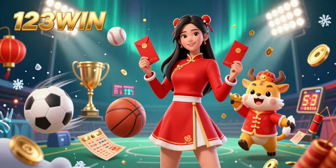 Join the excitement at 123WIN, where sports balls fly amidst festive scenes celebrating wins and winnings.