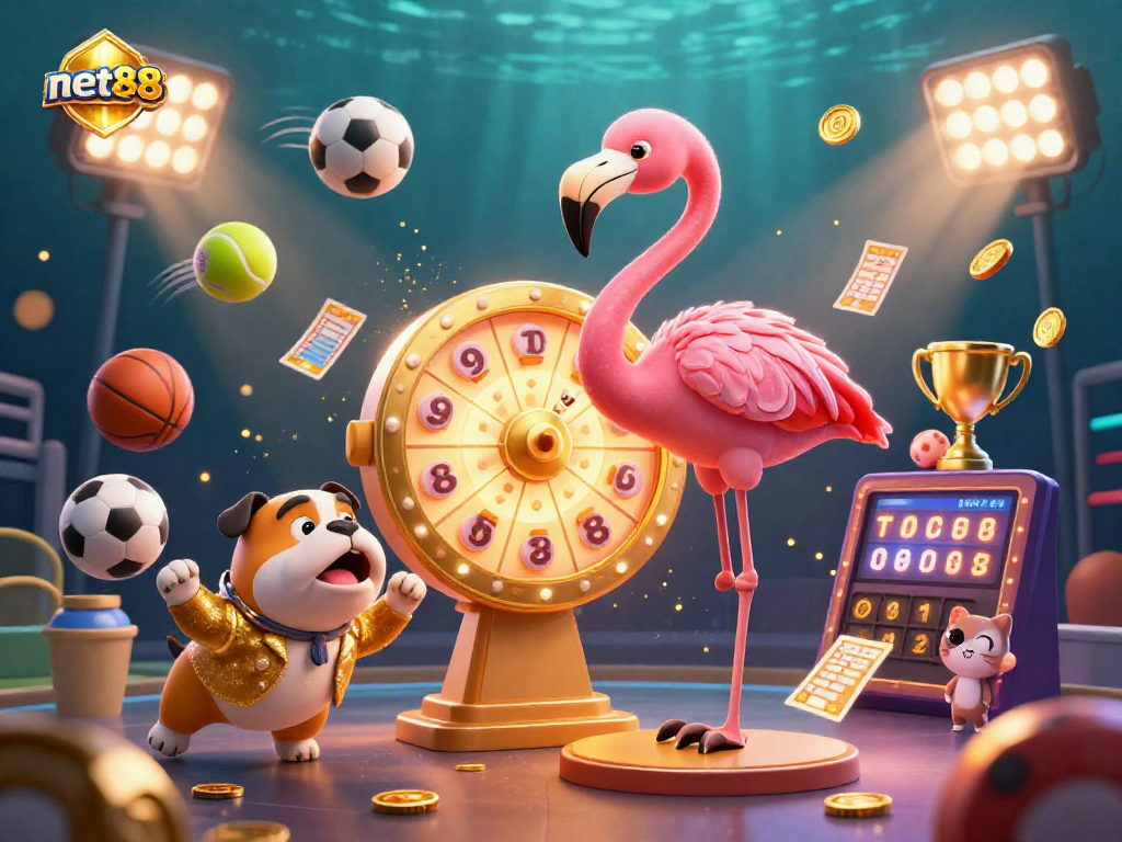 Engage with net88's thrilling sports theme illustrated by a flamingo, bulldog, and cat in a vibrant casino setting.