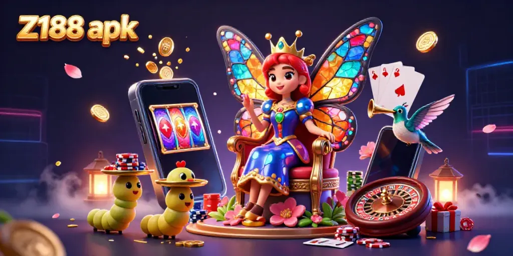 Engage with Z188 apk in a vibrant casino scene featuring a butterfly queen, poker chips, and lively slot gaming elements.