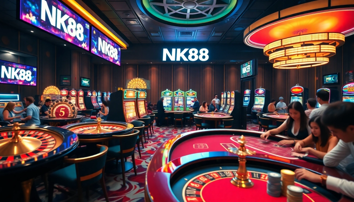 Experience the thrill of NK88 at a vibrant casino, filled with roulette wheels and exciting gameplay.