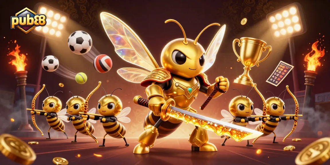 Experience thrilling gaming action at pub88 with golden samurai bee warriors surrounded by sports elements.