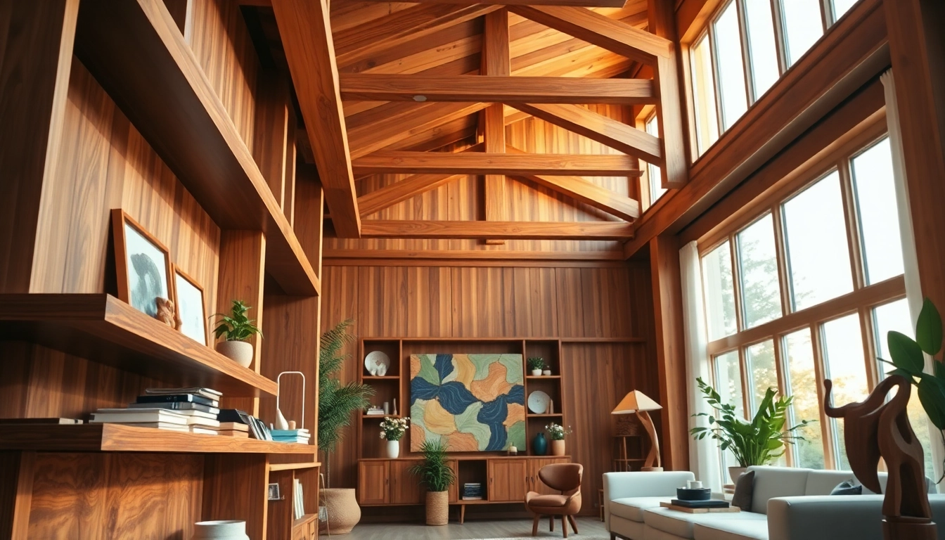 Interior architectural woodwork displayed in a modern living room with rich textures and natural light.
