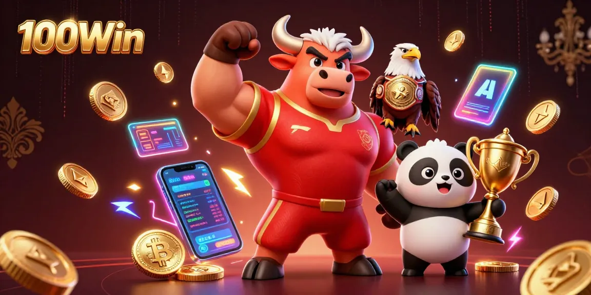 Engage with 100Win's exciting casino offerings, featuring vibrant characters celebrating at a virtual gaming scene.