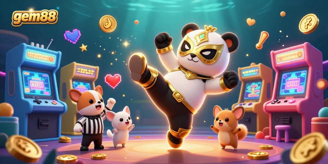 Experience the excitement of gem88 with a panda wrestler kicking in a vibrant casino scene.