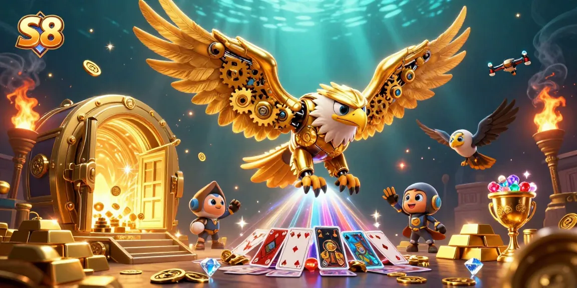 S8 offers thrilling jackpot gameplay while a golden eagle flies through cascading cards.