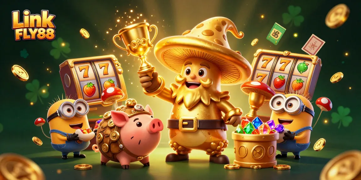 Experience the excitement of gambling with Link FLY88, featuring a golden wizard, jackpots, and gaming treasures.