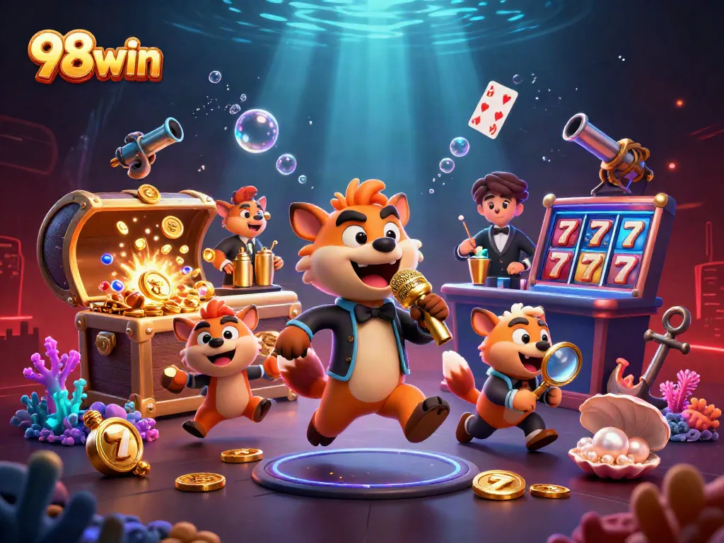 Join the fun at 98win with hyenas in a vibrant casino scene mixing drinks and telling jokes.