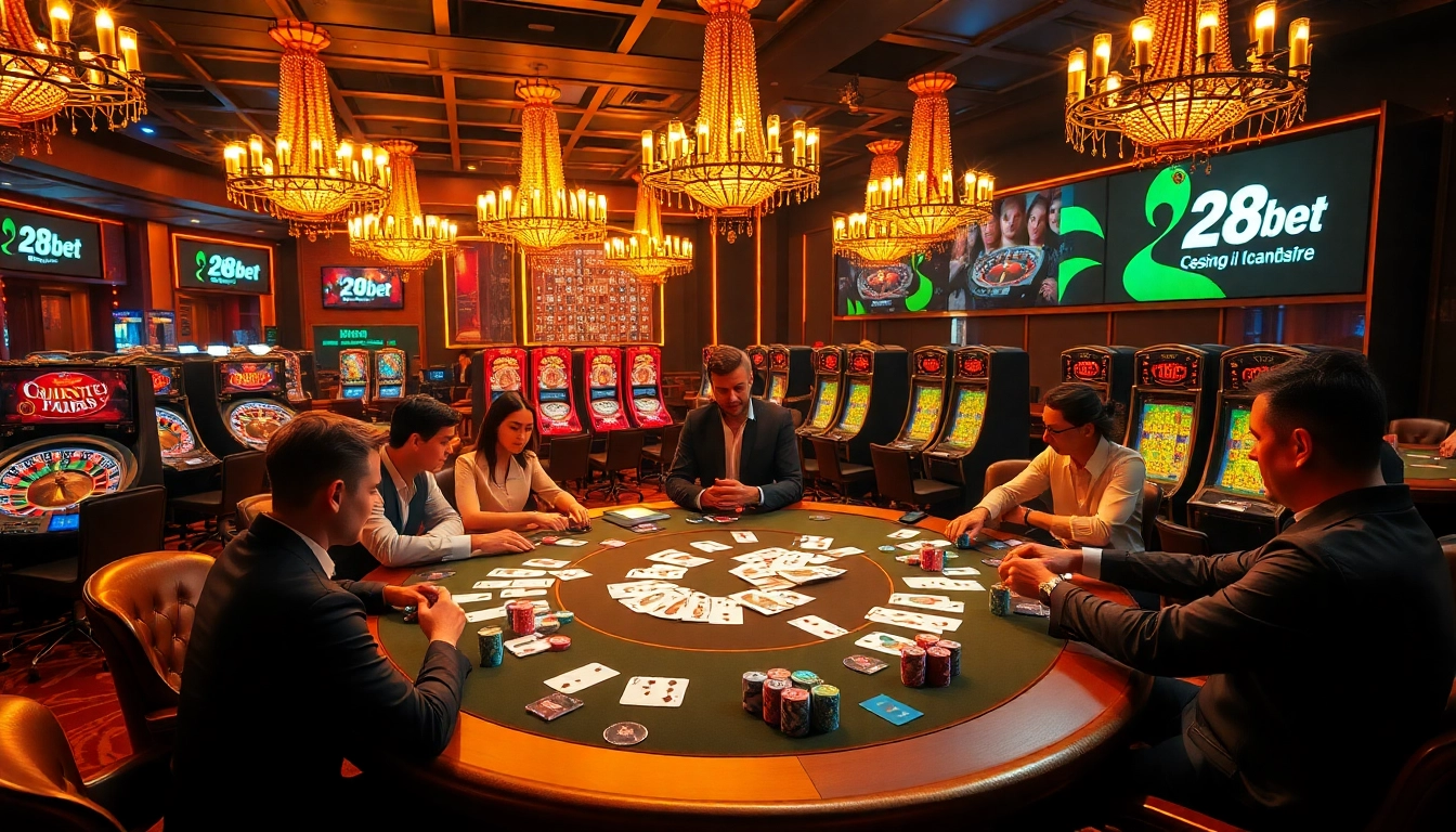Experience the thrill at 28bet with a luxurious casino setup featuring vibrant poker tables and engaging players.
