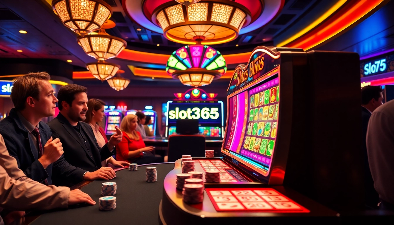 Excited players enjoying the thrilling slot365 gaming experience in a vibrant casino setting.