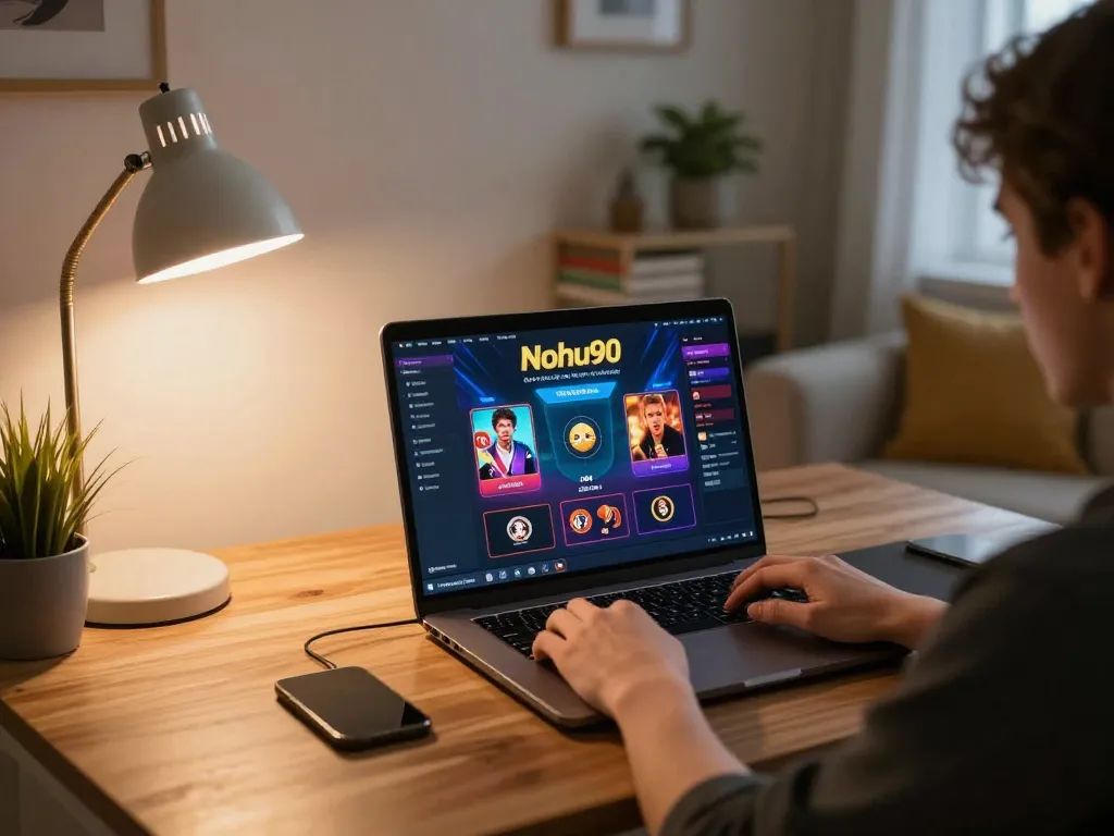 Nohu90 online casino experience with player engaged in gaming session in cozy home setup