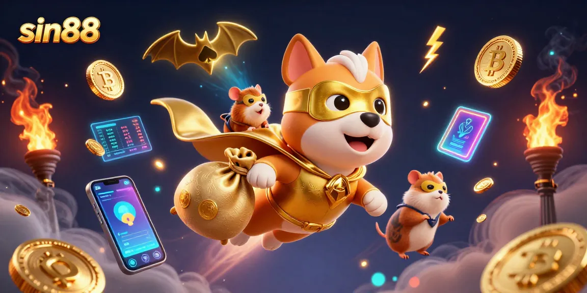sin88 highlights exciting casino adventures with a superhero dog and hamster, showcasing vibrant gambling elements.
