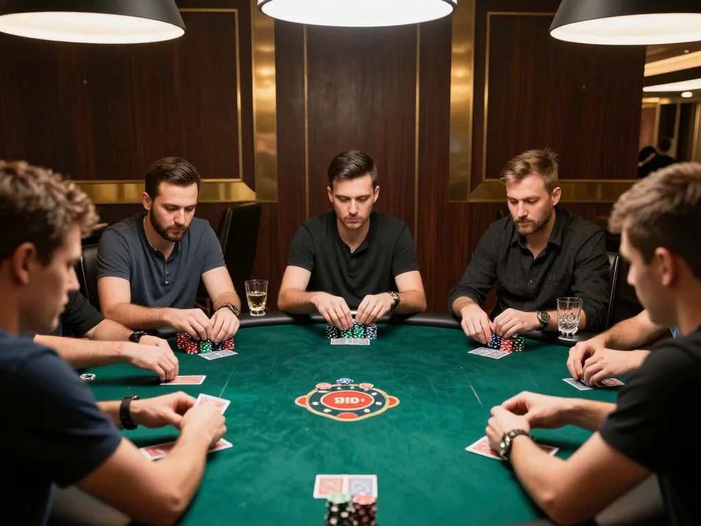 NHÀ CÁI XO88 poker game illuminated with ambient lighting showing players analyzing cards.