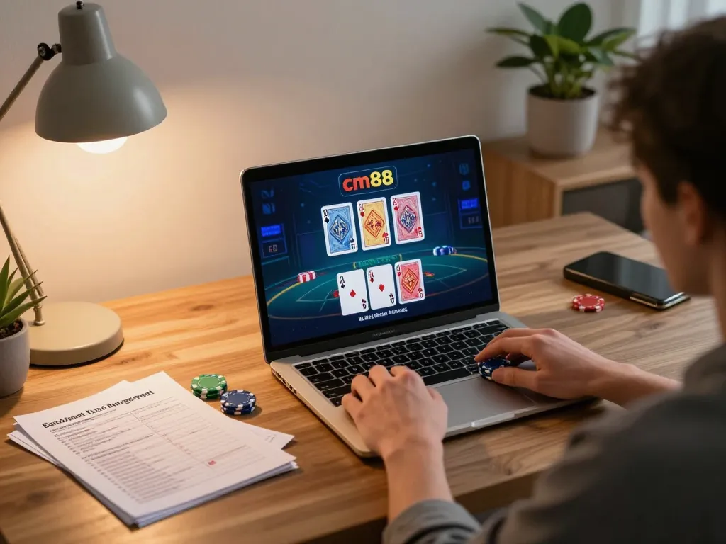 Engaging in live dealer blackjack on cm88 with strategic betting notes in a cozy home office.
