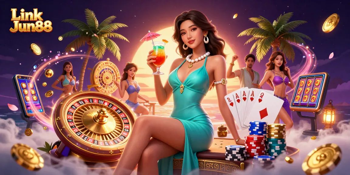 Experience the excitement at Link Jun88 with a glamorous woman amid casino-themed elements, sparkling coins, and gaming action.