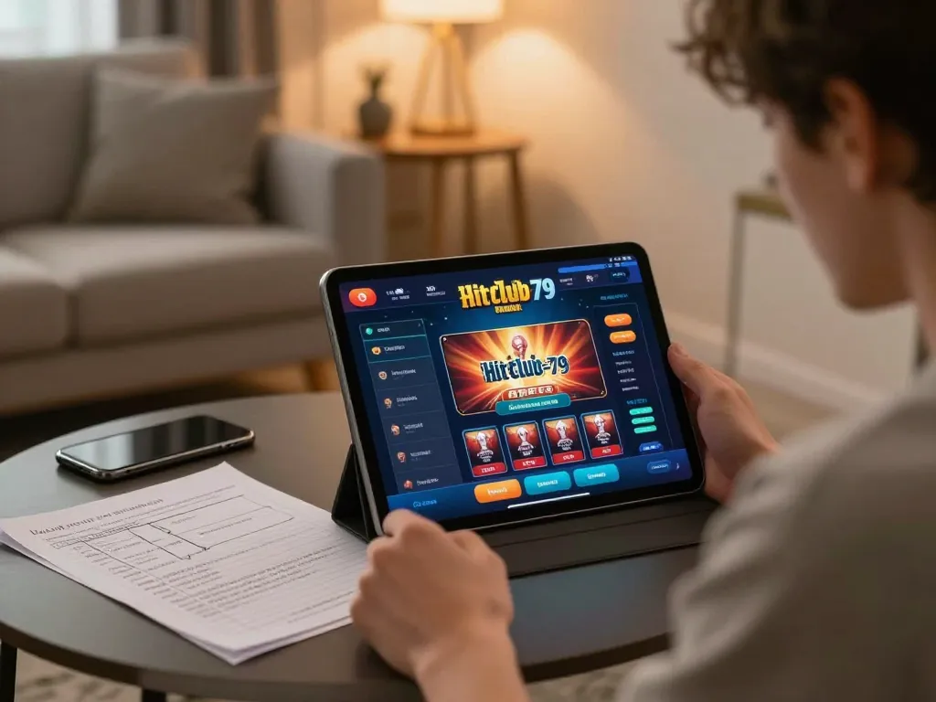 An engaging session at hitclub-79 where a player analyzes strategy notes while using a tablet to bet on casino games.