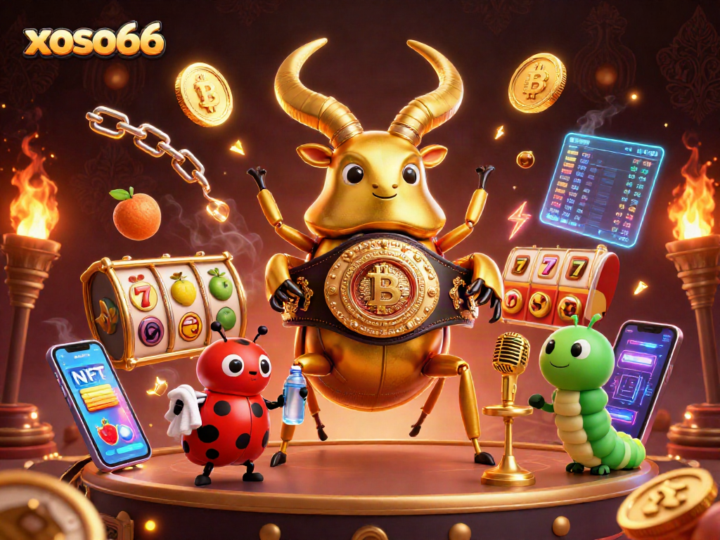 Engage in xoso66 lottery excitement with a vibrant 3D scene of a stag beetle champion and casino symbols