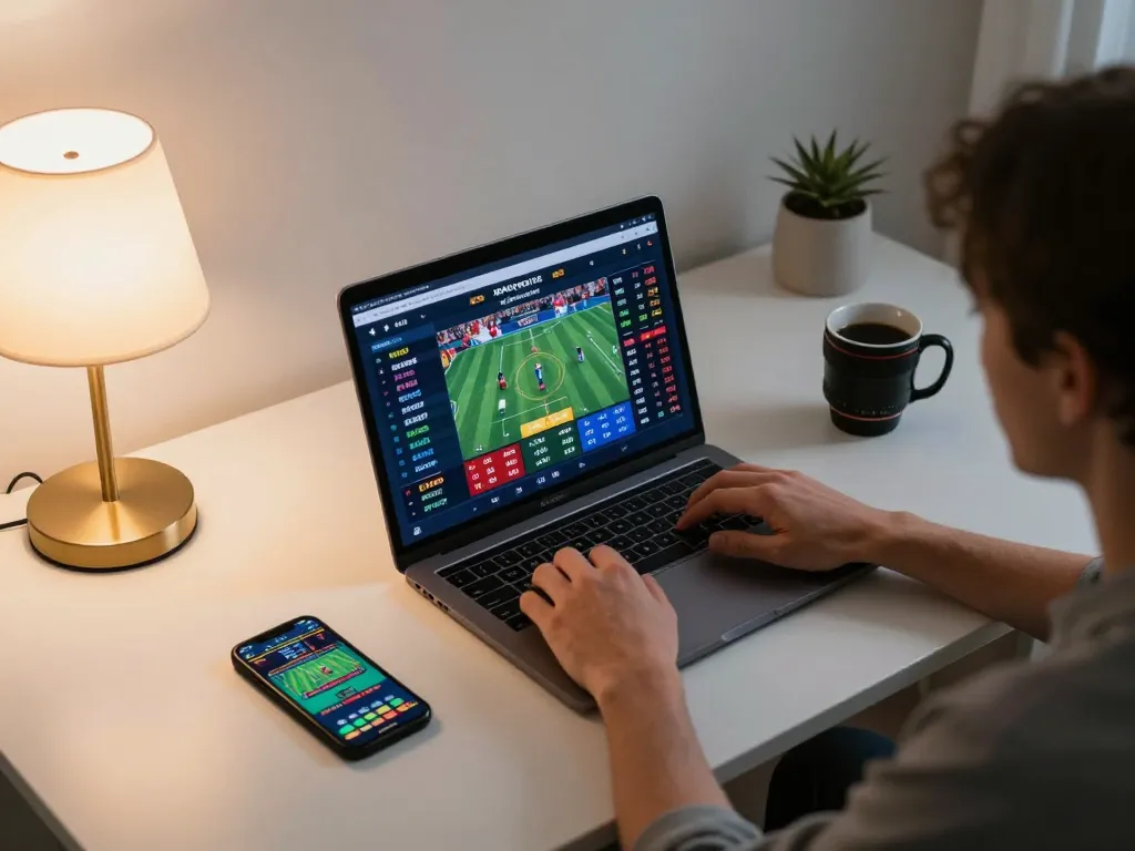 Person engaging with 33win sports betting on laptop at home, showcasing live odds.