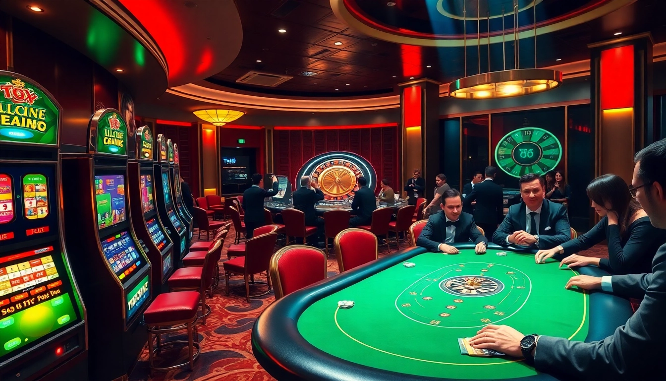 Place your bets in the TG88 casino, featuring a vibrant poker table and luxurious slot machines.
