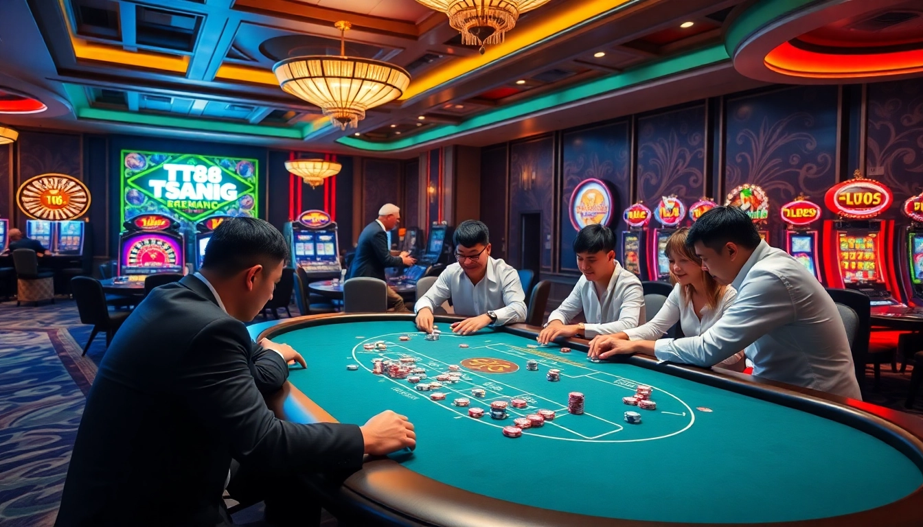 Experience dynamic TT88 gaming at an exciting poker table surrounded by flourishing casino elements.