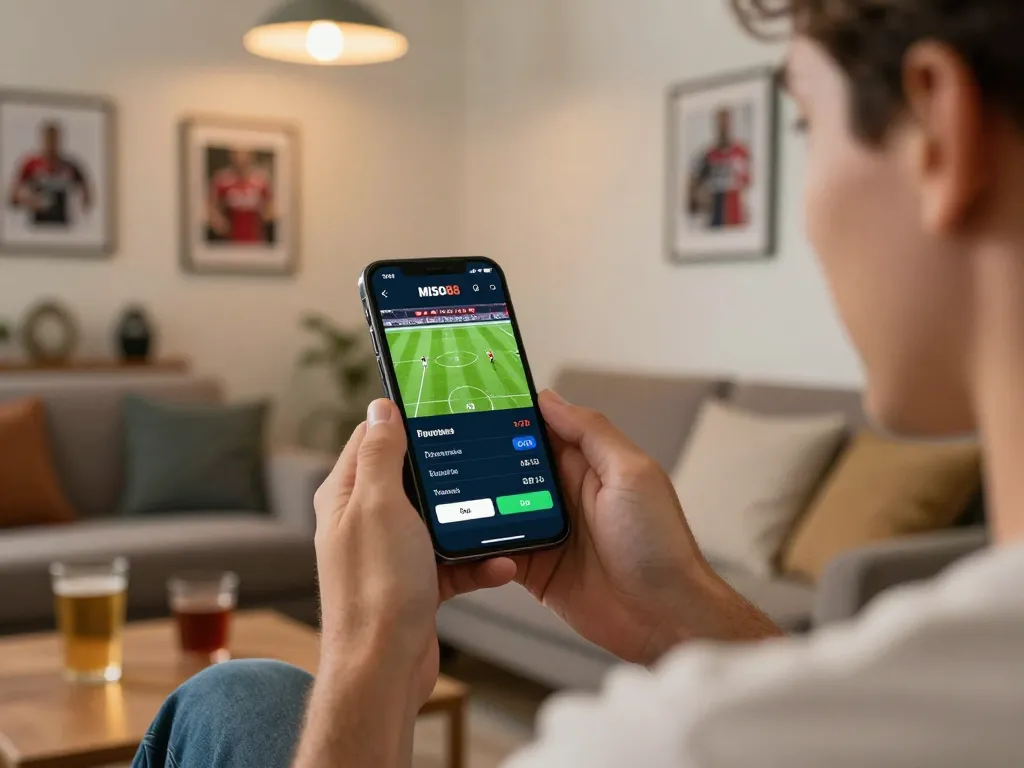 MISO88 user placing live sports bets on smartphone, showcasing excitement and strategy.