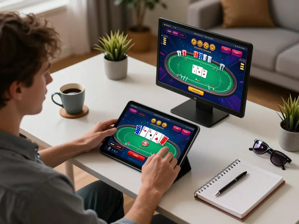 Playing poker on the dh88 app in a cozy home setting, showcasing modern gaming strategy.