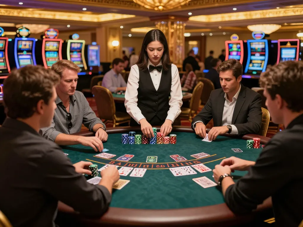Players engaging in blackjack at a luxurious table, emphasizing strategy and excitement with GA88.