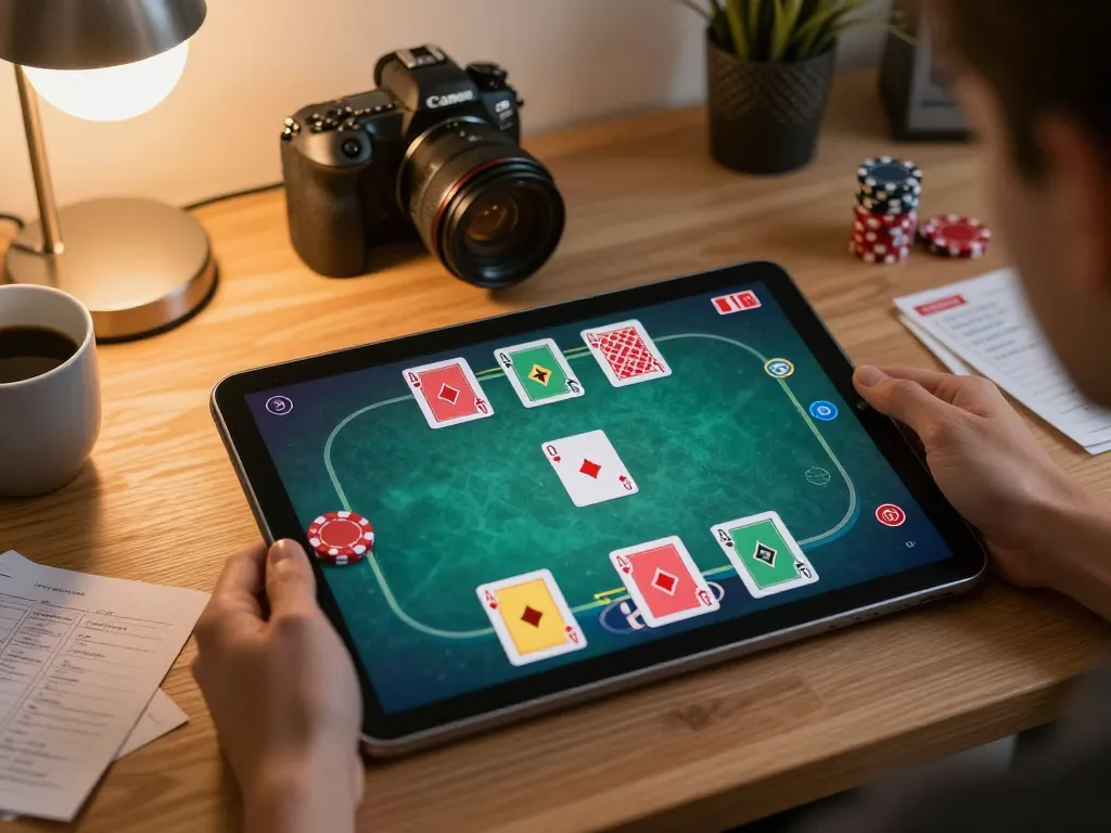 OnBet user engaging in an online poker game on a tablet in a cozy home setting.