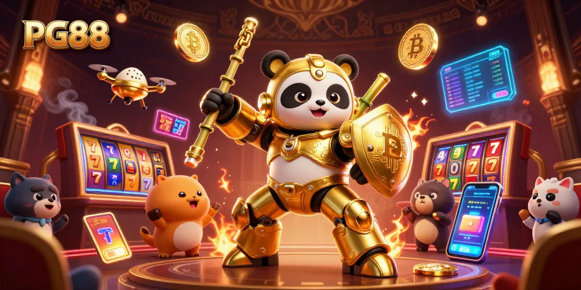Conquer games at PG88 with a golden panda in a mech-suit amidst slot reels and crypto coins.