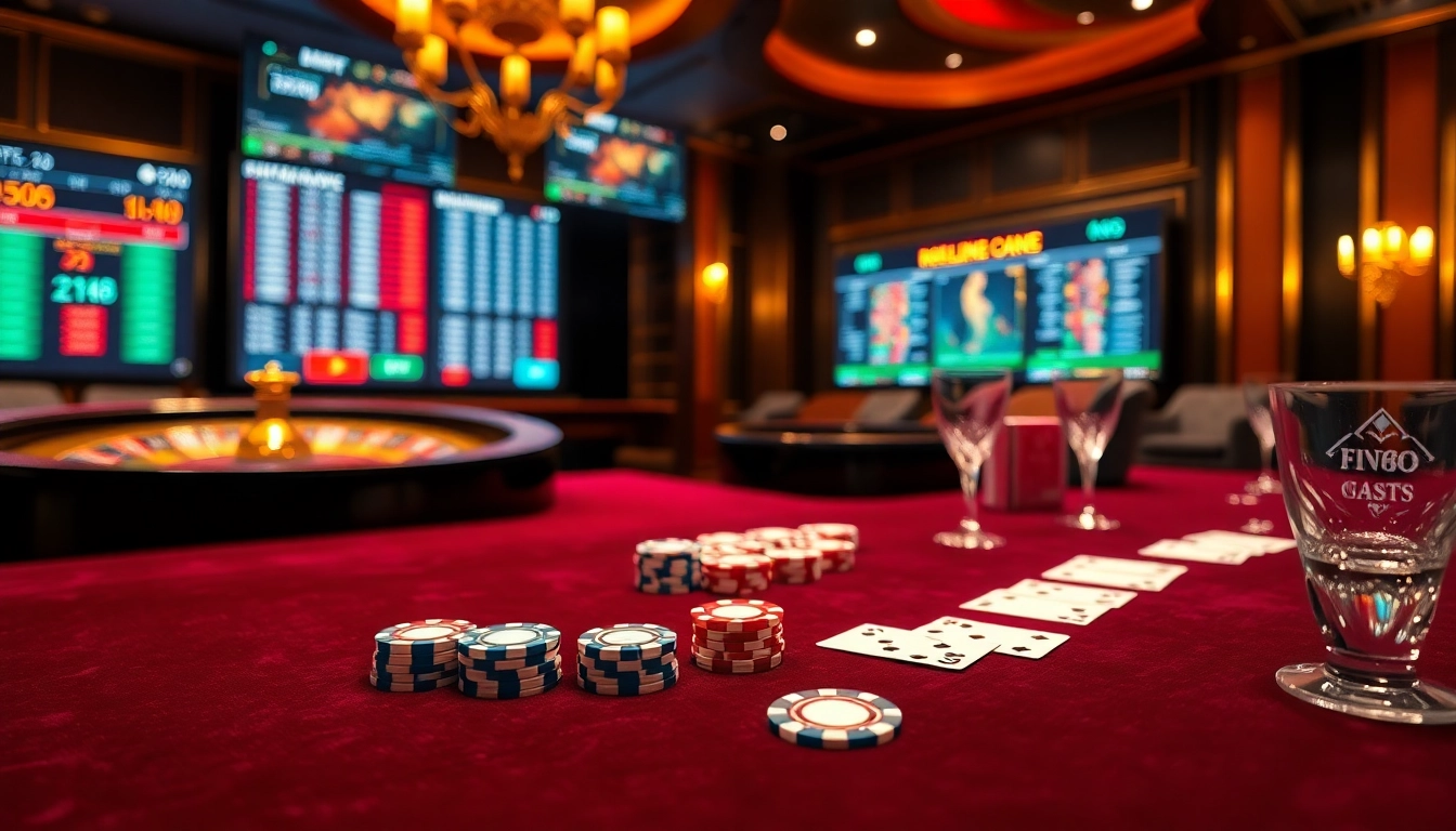 F168 gaming table with poker chips and cards in a luxurious casino setting