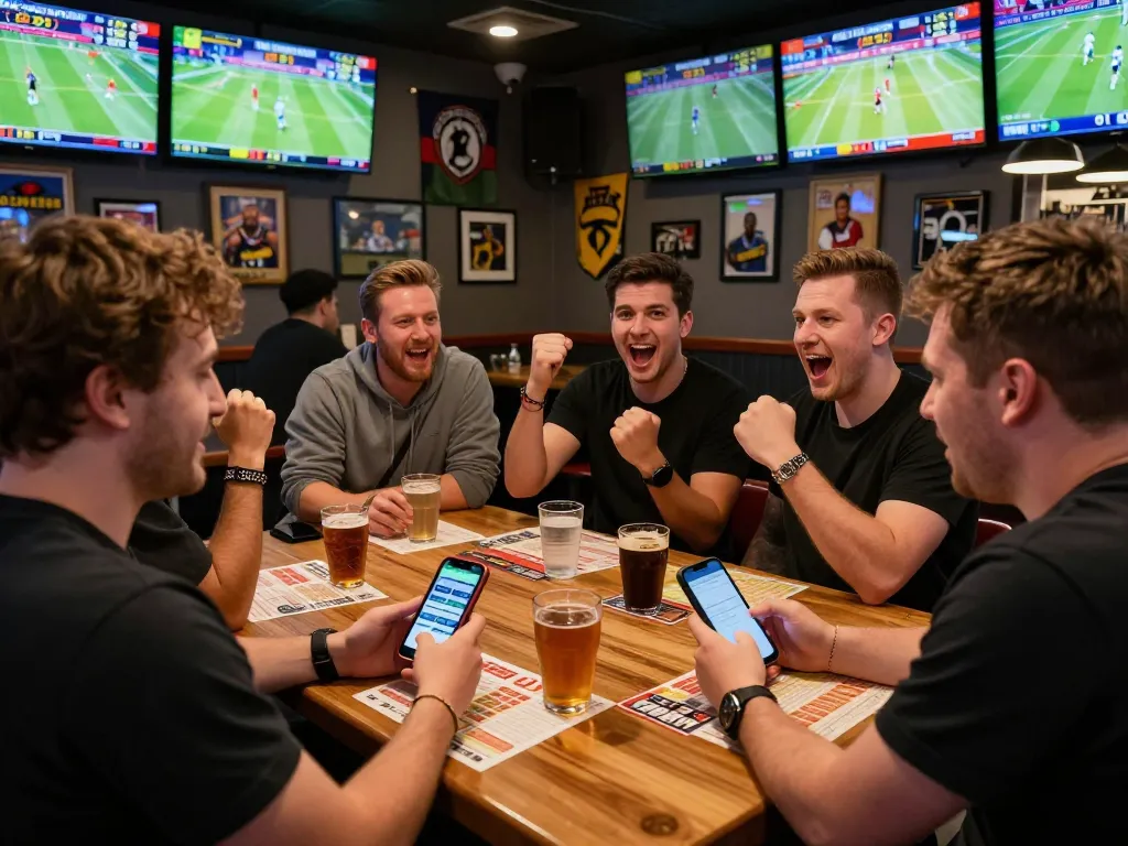 Friends enjoying sports betting with 11BET app in lively sports bar atmosphere