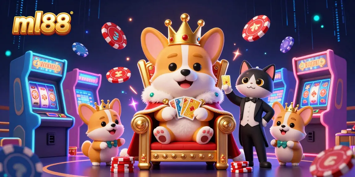 Experience the excitement of ml88 with a vibrant casino scene featuring royal corgis, neon lights, and engaging gameplay.
