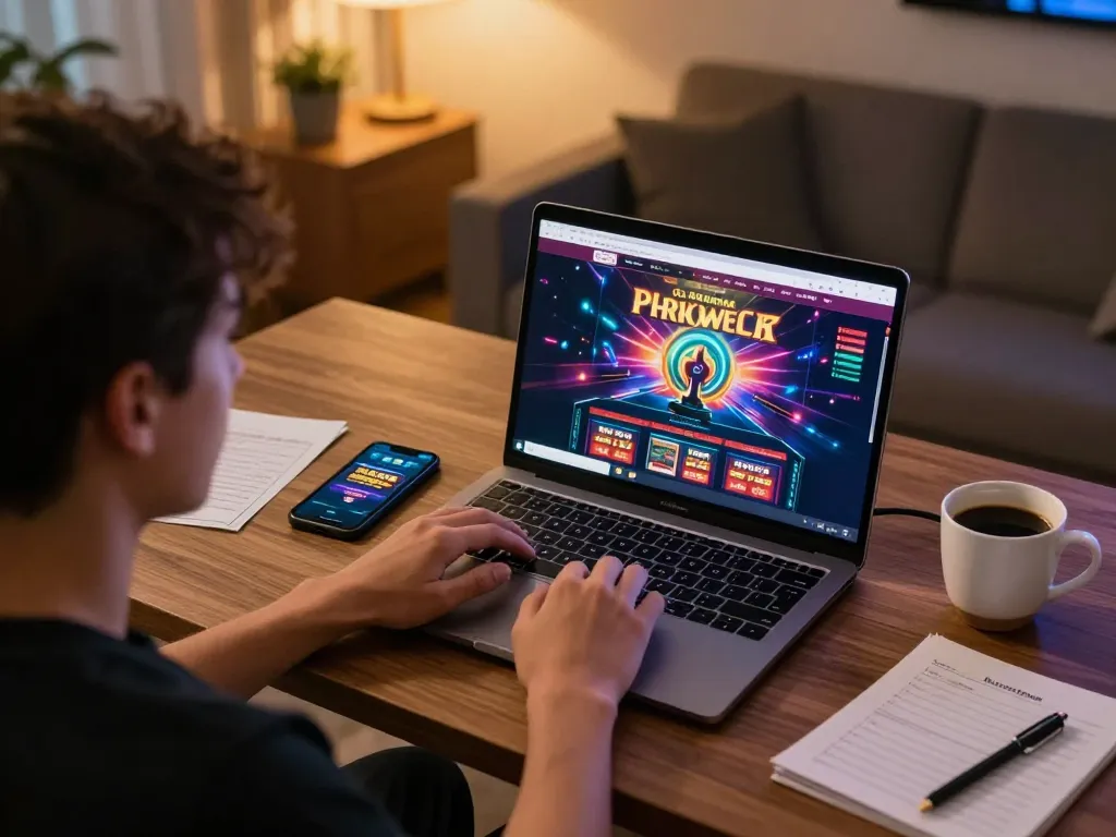 Engaged player exploring nhà cái qq88 có uy tín không on a laptop in a cozy environment, demonstrating responsible online gaming.