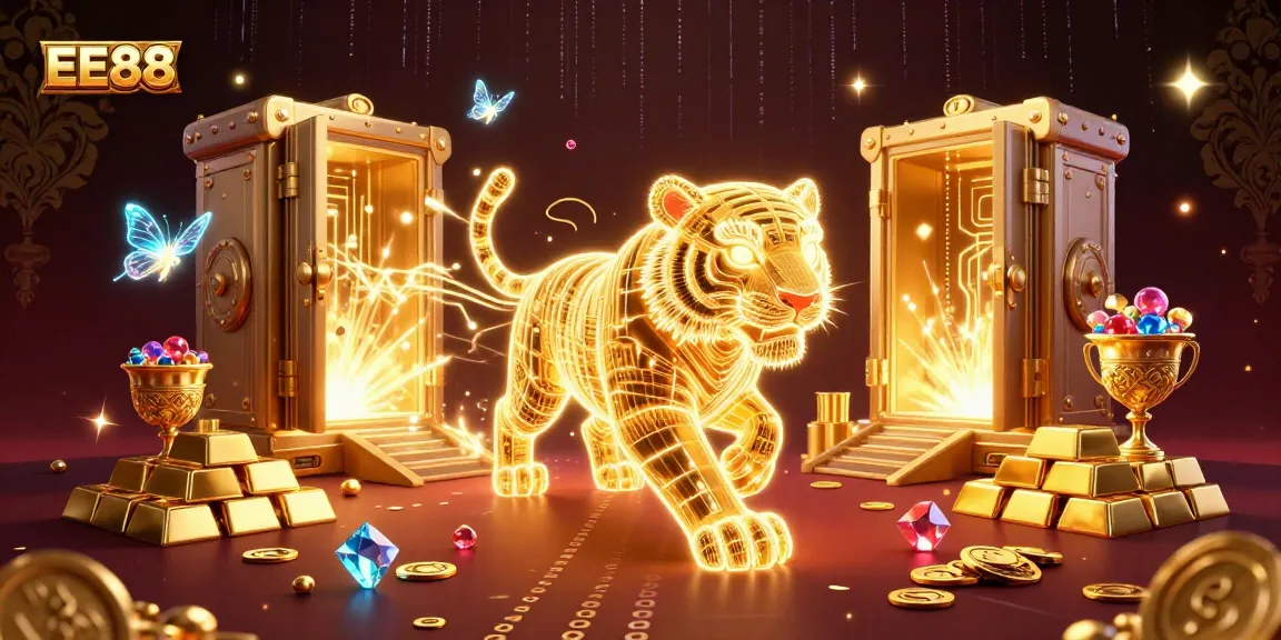 Experience thrilling gaming at EE88 with a neon-wireframe tiger and dazzling treasures.