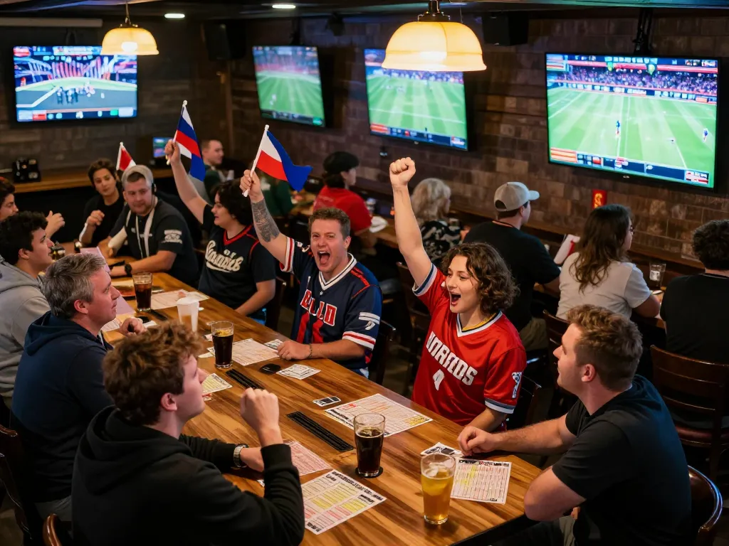 Engaged bettors at 23win placing wagers in a lively sports bar environment