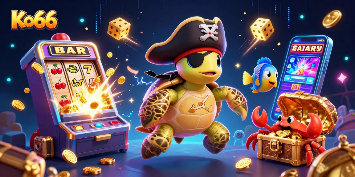 Ko66 casino adventure featuring a pirate turtle and vibrant jackpots, immersing players in thrilling gaming.