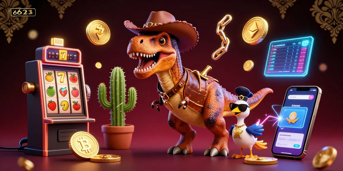 Engage in fun at the 6623 casino with T-Rex and friends amidst vibrant slots and crypto elements.