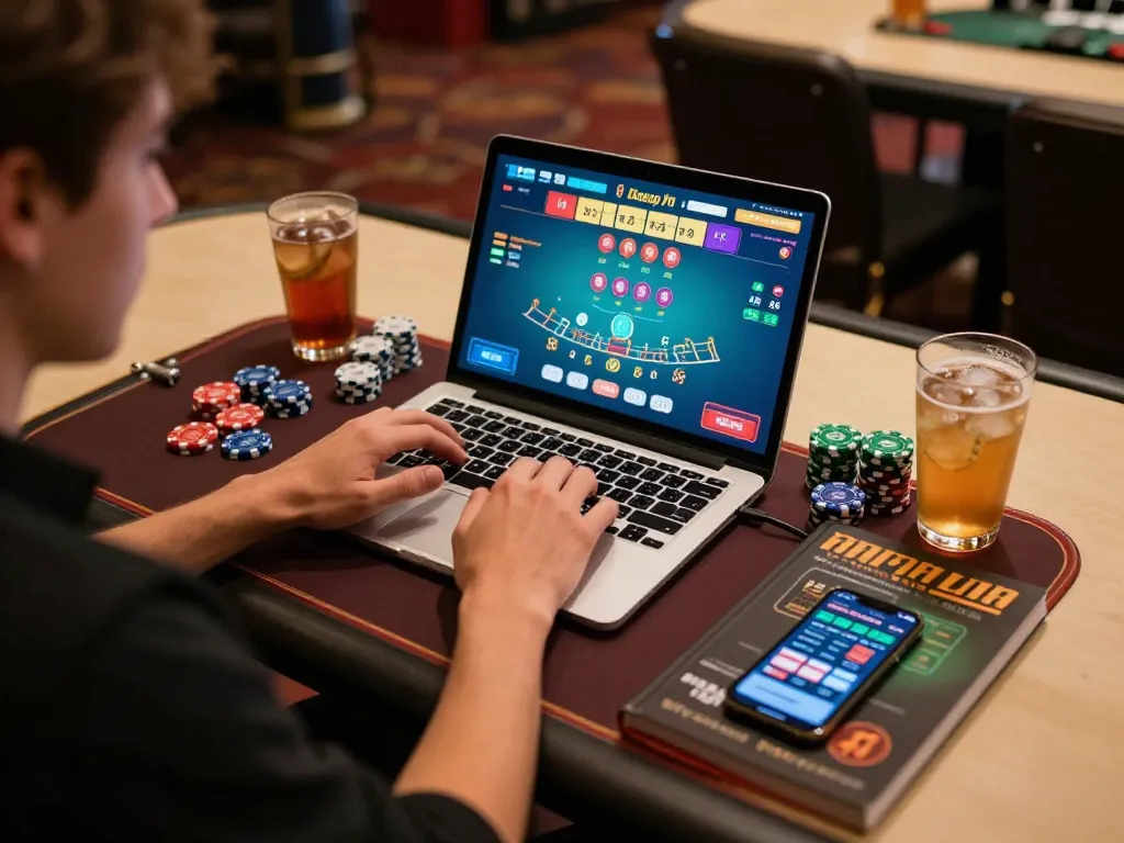 Engage in Baccarat gameplay on Trang Chủ XX88 with a laptop setup and strategic notes in a cozy environment