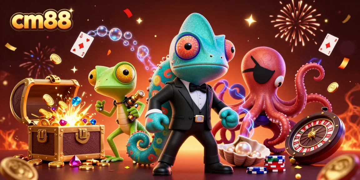 Experience thrilling slots action at cm88 with vibrant characters and casino elements in a dynamic 3D illustration.