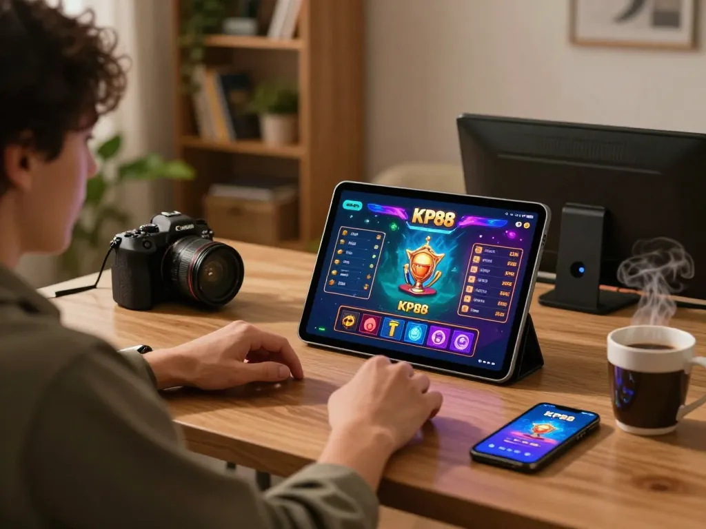 Engaging in online gaming on the KP88 app, showcasing a cozy home setup.