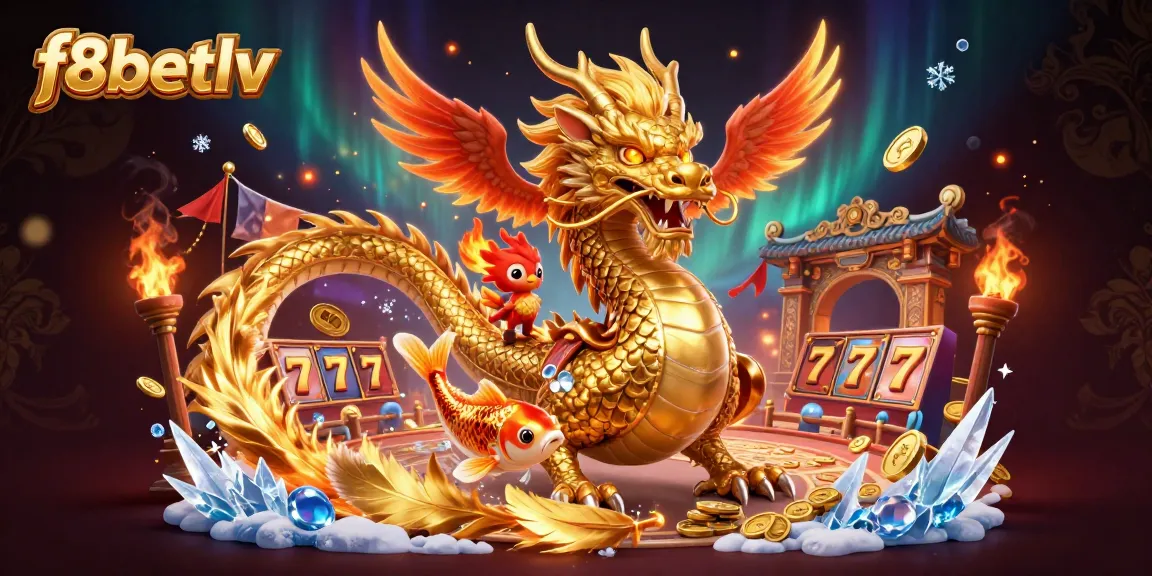 Engage with dynamic F8BETLV casino experience showcasing a fierce dragon, phoenix, and koi in vibrant gameplay.
