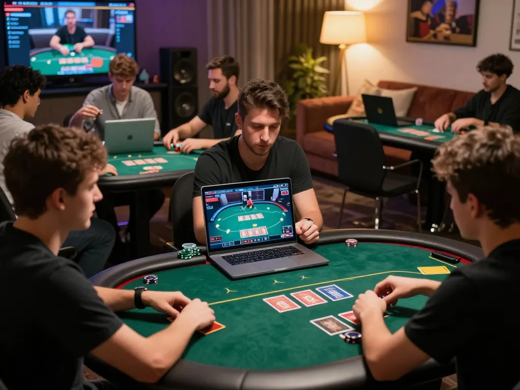 In an engaging online poker session, rokok88 players focus intently on their screens while showcasing strategic gameplay.