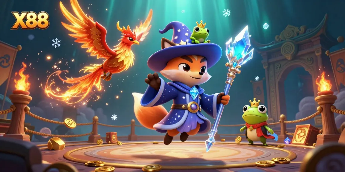 X88 captivates with a mystical wizard fox and a phoenix in an enchanting casino scene filled with golden tokens.