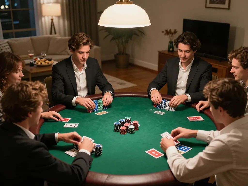 GO8 players strategizing in a lively home poker game with chips and cards
