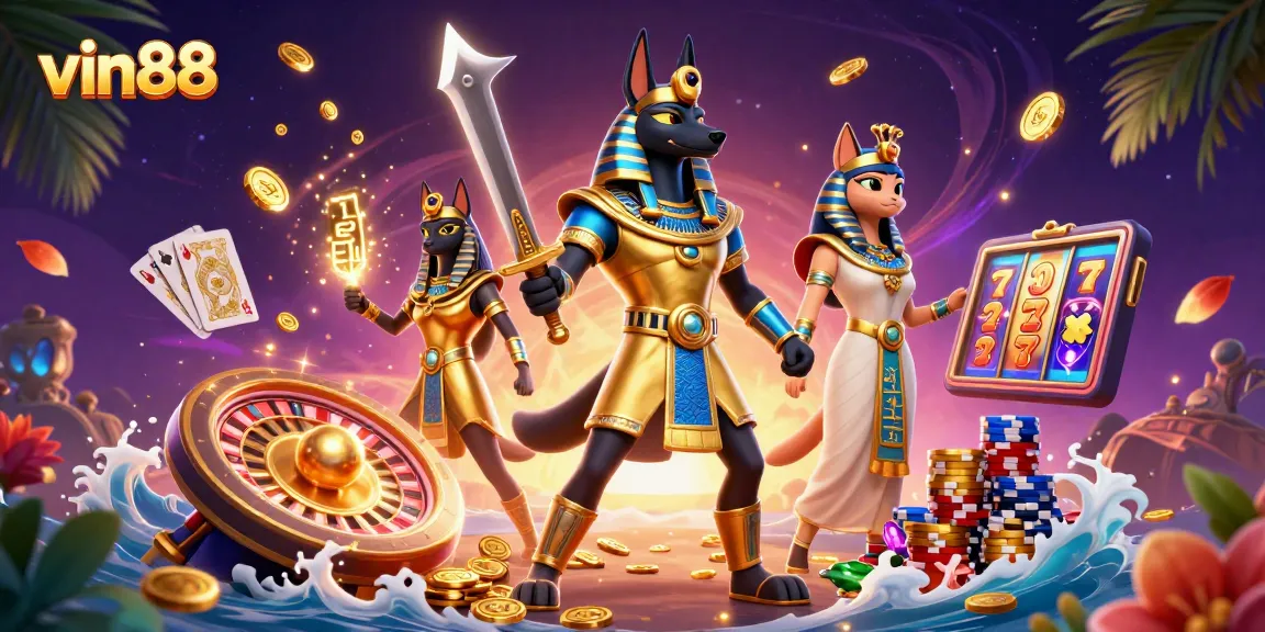 Experience thrilling gameplay with vin88, showcasing Anubis and Bastet amidst cascading coins and gems.