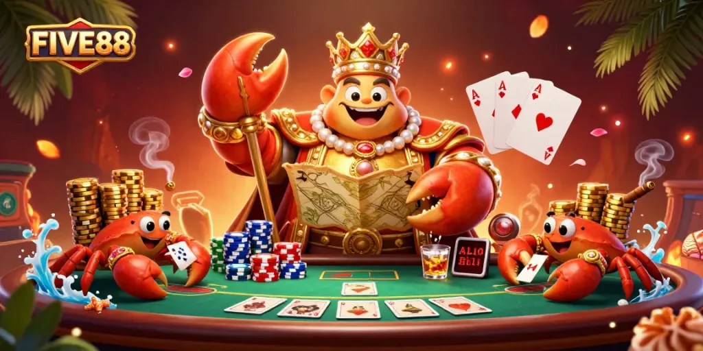 Experience the ultimate FIVE88 gaming adventure with a golden crab emperor and treasure elements.