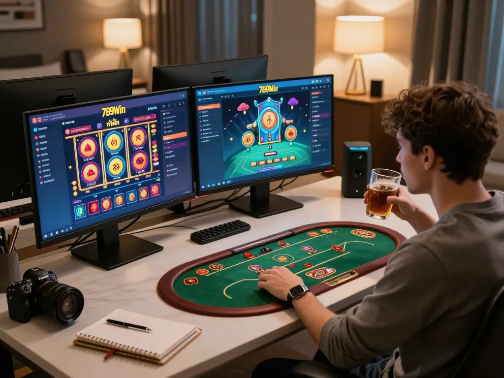 Player enjoying online gameplay at 789Win, showcasing vibrant interface and cozy atmosphere.