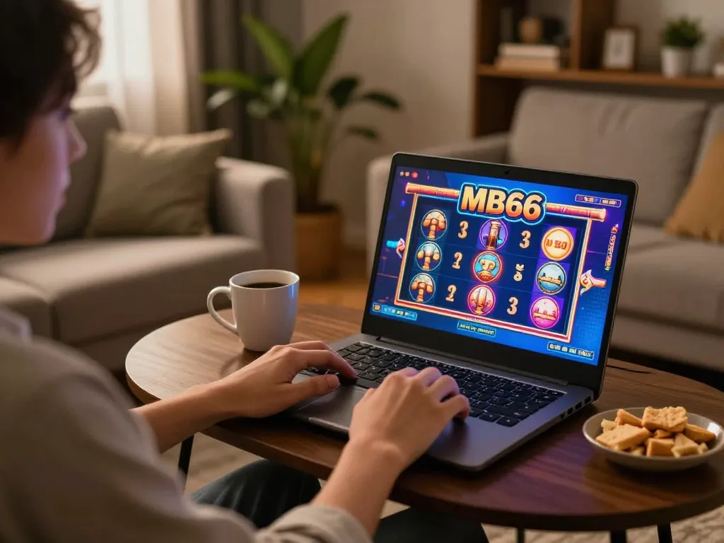 Player enjoying MB66 online casino slots on a cozy home setup with vibrant graphics.