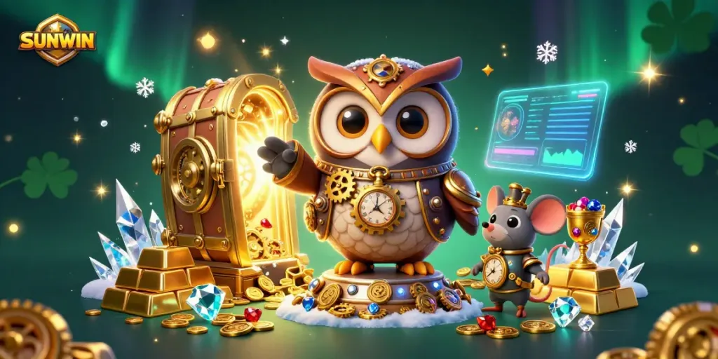 Experience the excitement of SUNWIN with cartoon owl and mouse in a dazzling casino scene full of treasures.