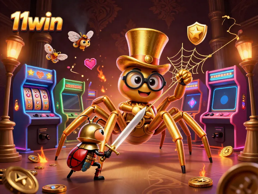 Enter the vibrant world of 11win with a golden tarantula and beetle knight in an exciting casino setting.